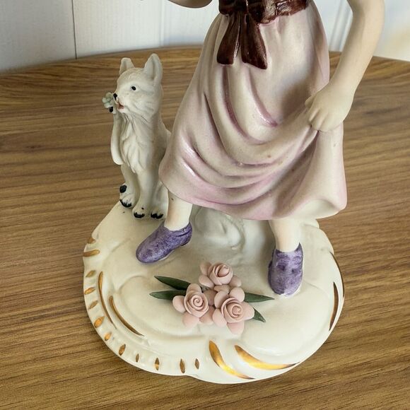 Vintage Nuova Capodimonte Singing Girl With Fox Pink Roses Porcelain Figurine - Picture 4 of 16